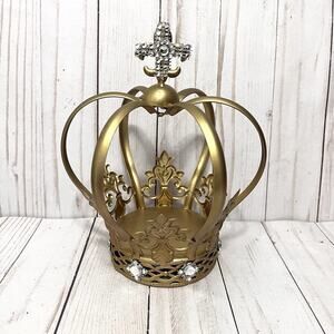 Gold Metal Crown Cake Topper Lightweight Fleur De Lis Rhinestone Design 8.5"